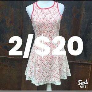 Buttons Lace Overlay Coral and White Mini Skater Dress